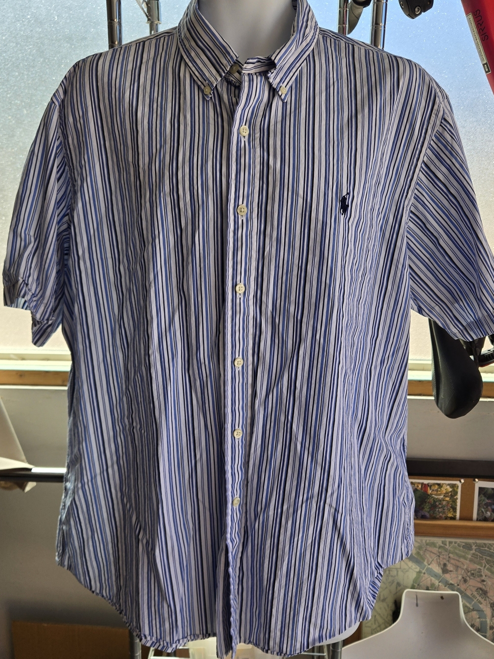 Polo Ralph Lauren Custom Fit Shirt XXL Blue Striped Short Sleeve Pony Logo